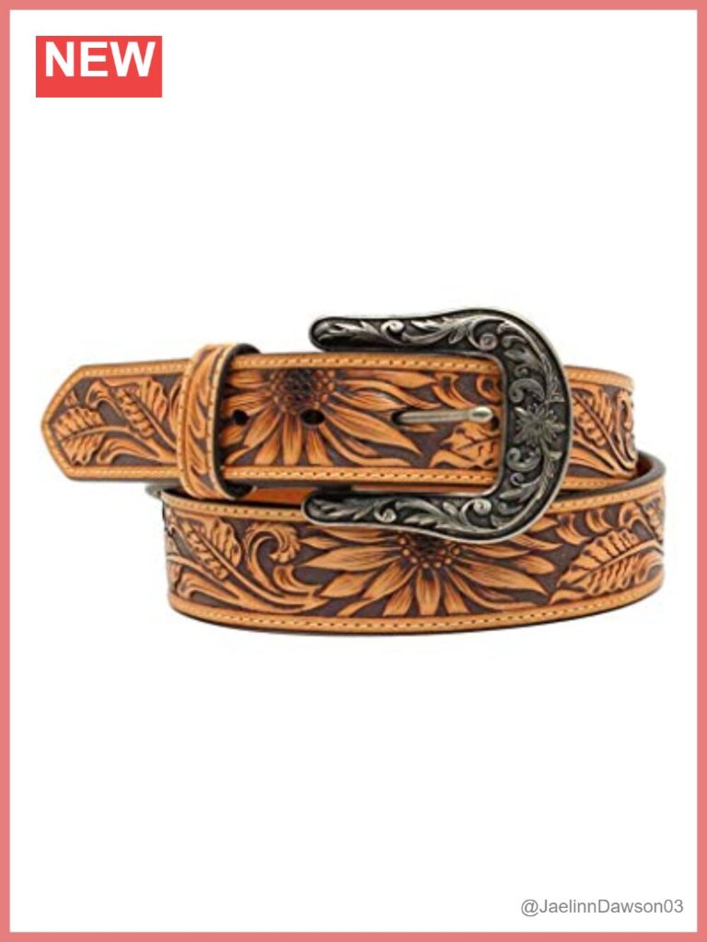 Genuine Leather Tooled Sunflower Belt with Embossed Buckle